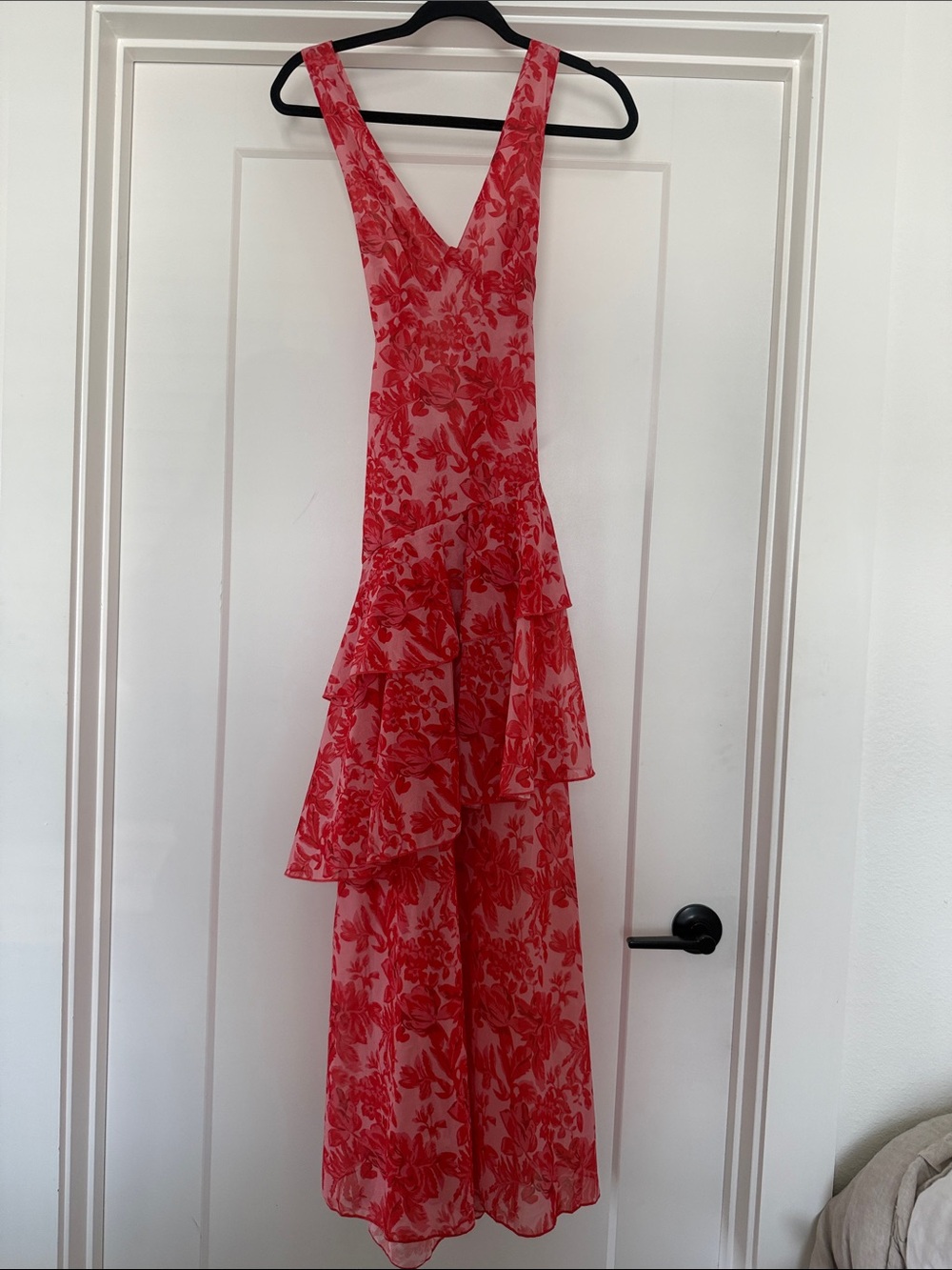 Red Floral V-Neck Tiered Maxi Dress